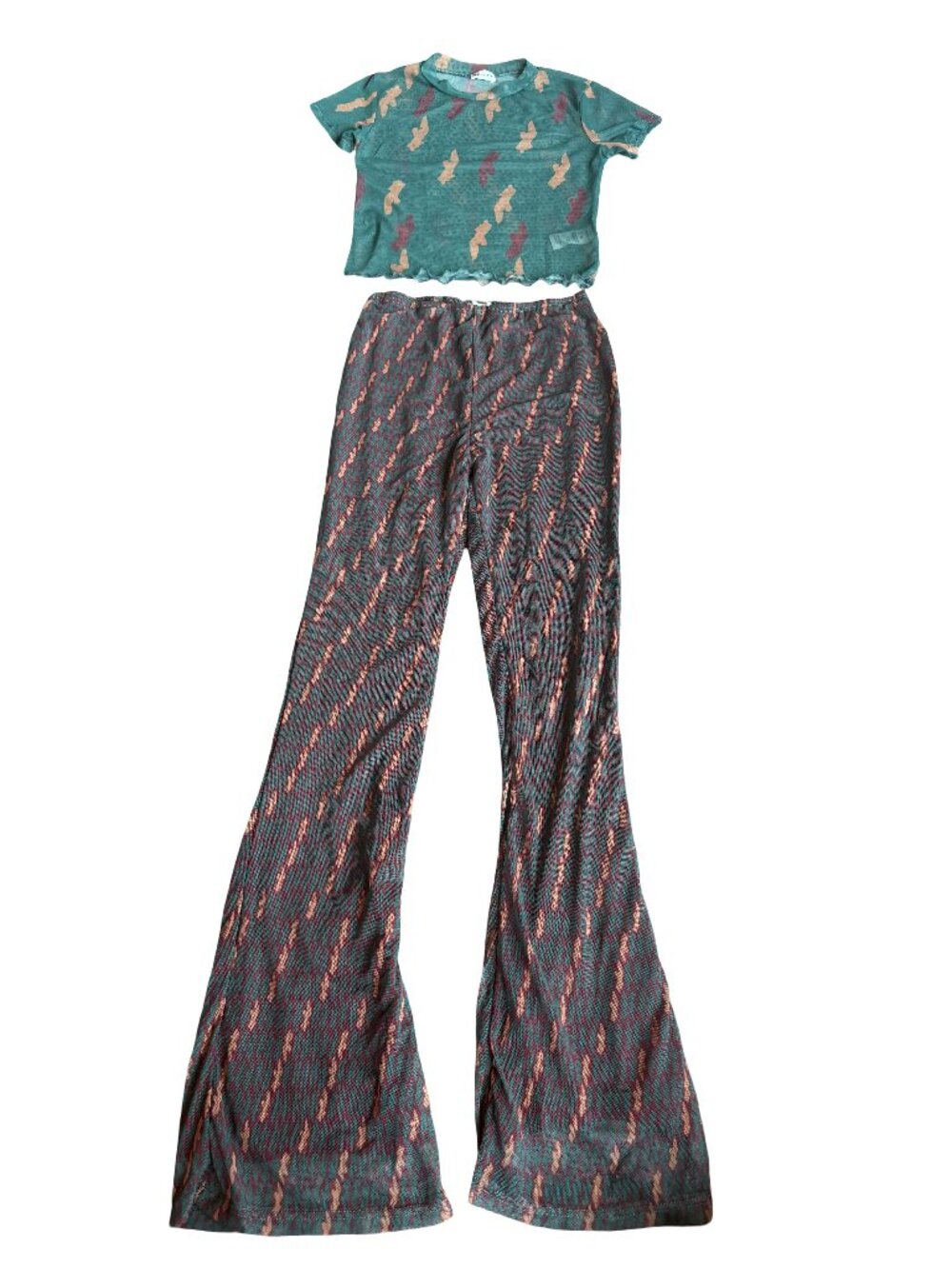 Inamorata Two Piece Fun Print Outfit Crop Top Flare Pants Stretchy Sheer Size XS